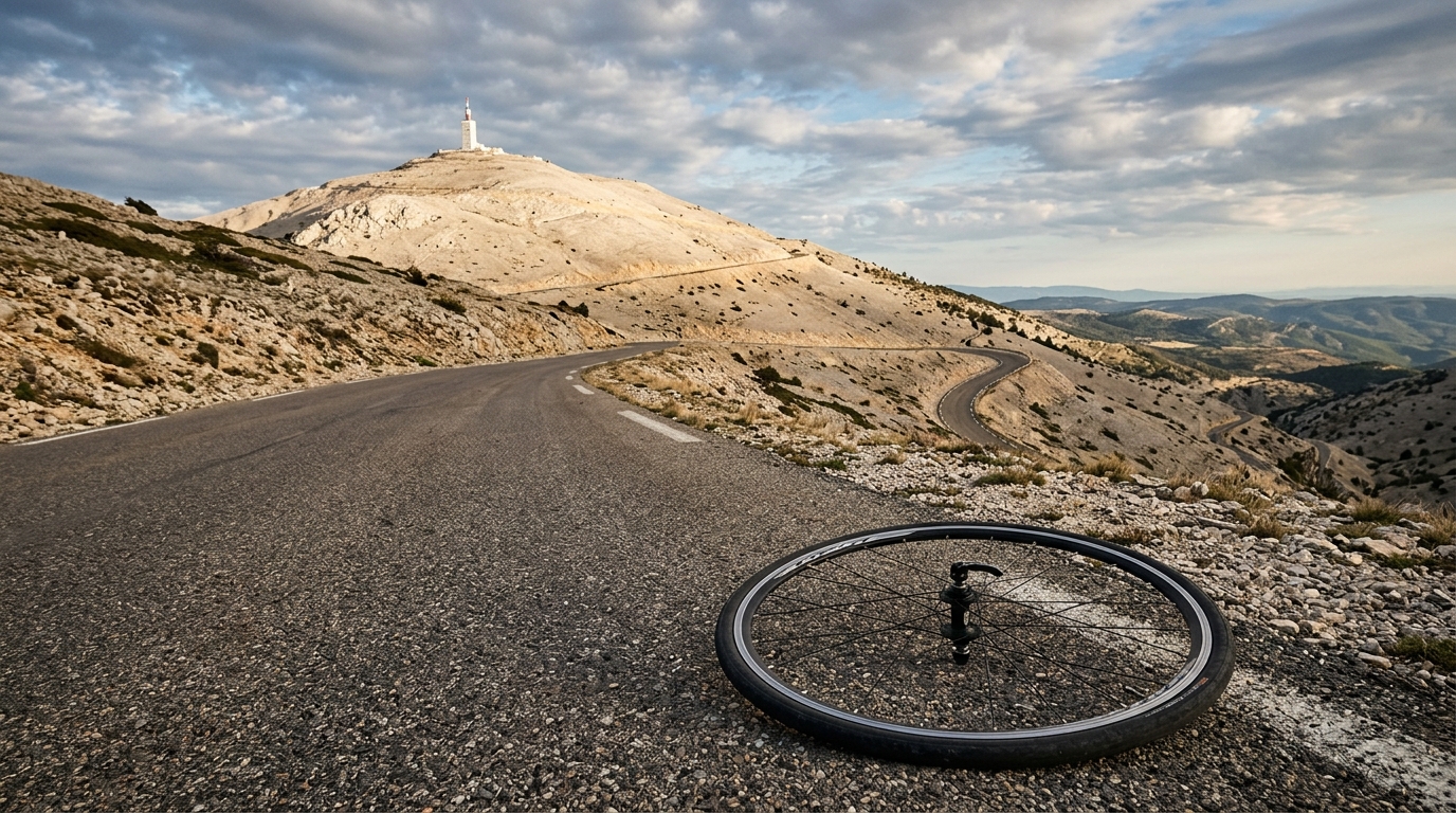Route de montagne déserte avec vélo renversé au sol