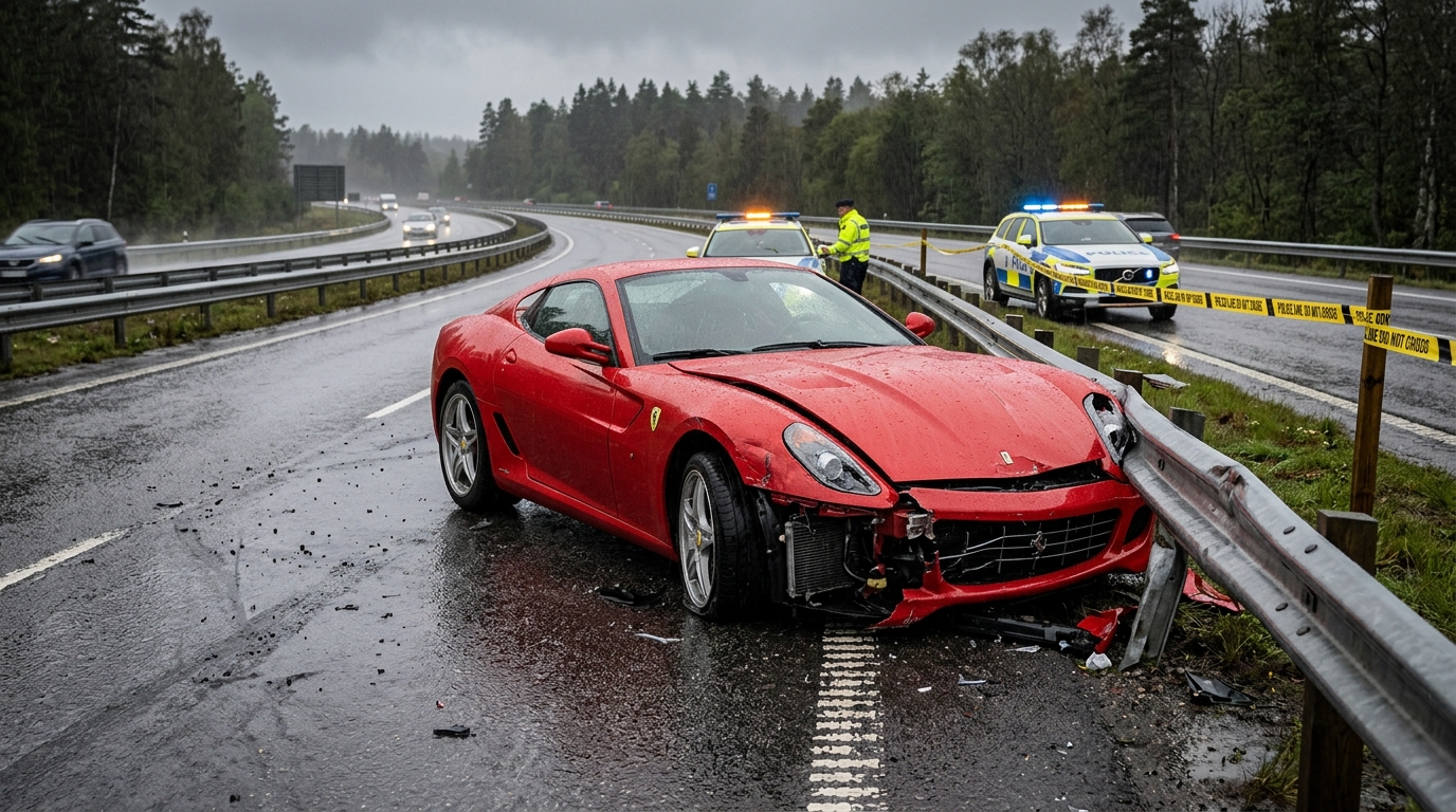 Ferrari 599 GTB accidentée contre une barrière