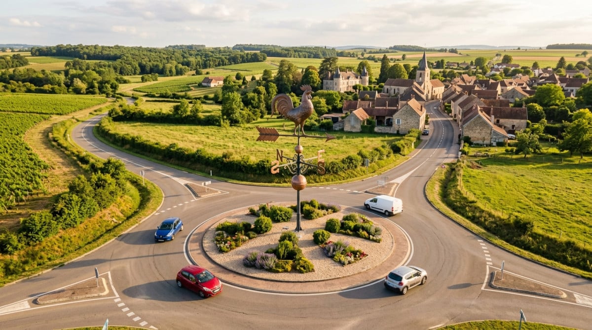 Rond-point français avec une girouette géante décorative