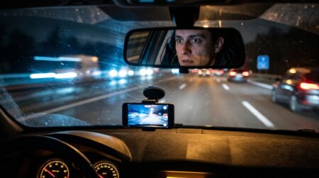 Smartphone filmant la route depuis un tableau de bord de nuit