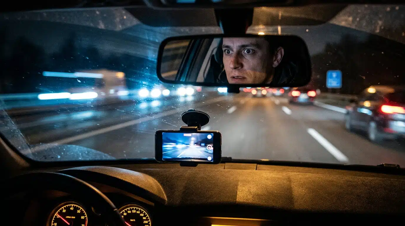 Smartphone filmant la route depuis un tableau de bord de nuit