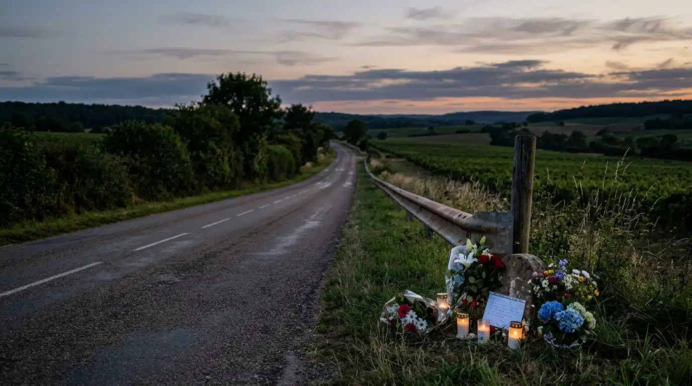 Fleurs déposées au bord d'une route de campagne