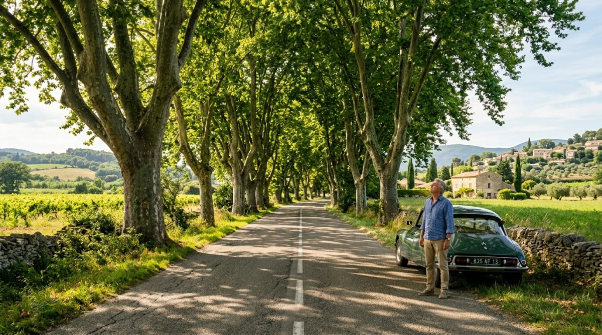 Route de campagne française bordée de platanes centenaires