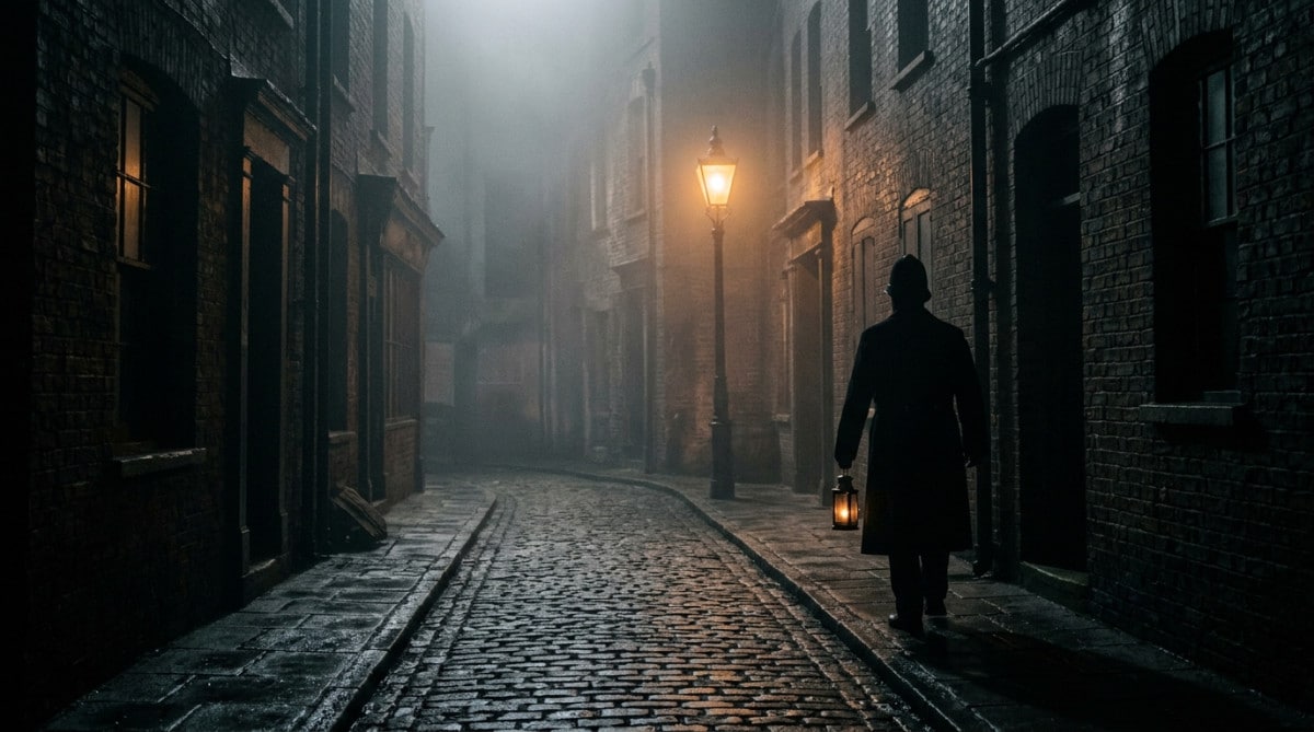 Ruelle londonienne brumeuse évoquant Jack l'Éventreur en 1888