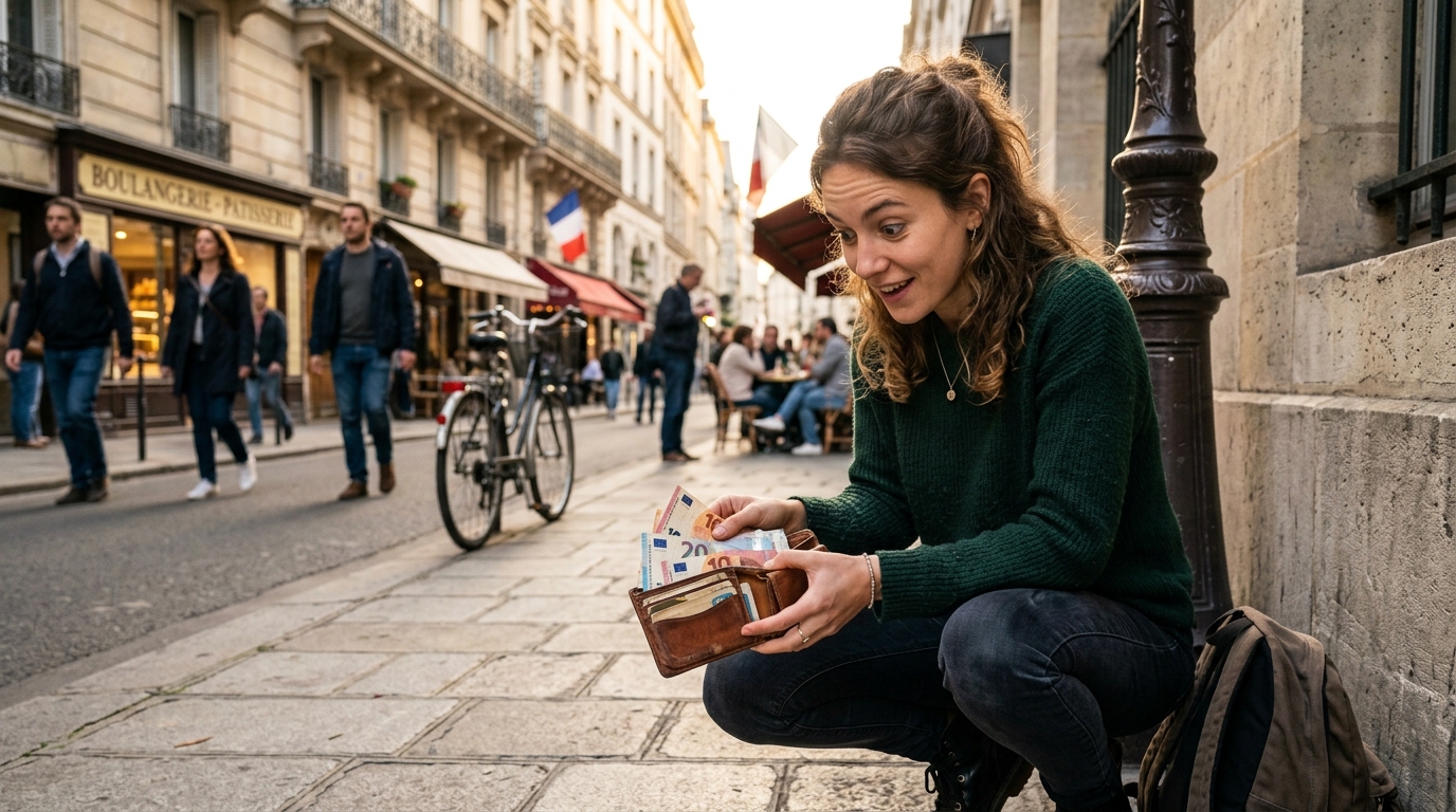 Personne tenant un portefeuille rempli de billets trouvé