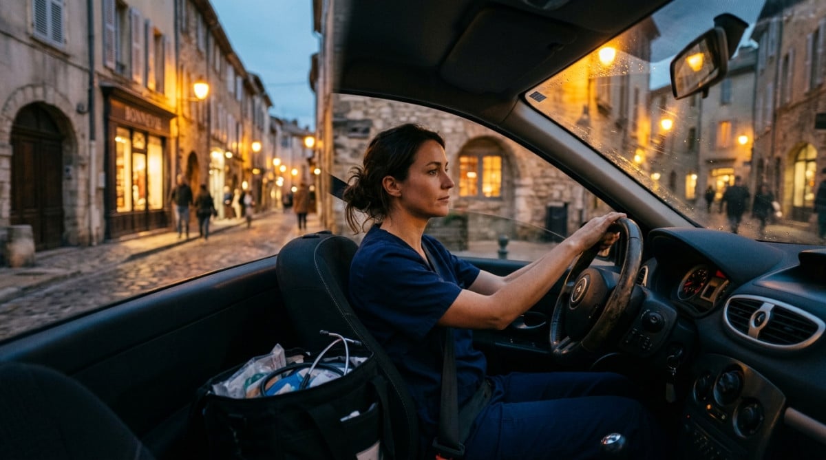 Sage-femme en voiture pour une visite à domicile