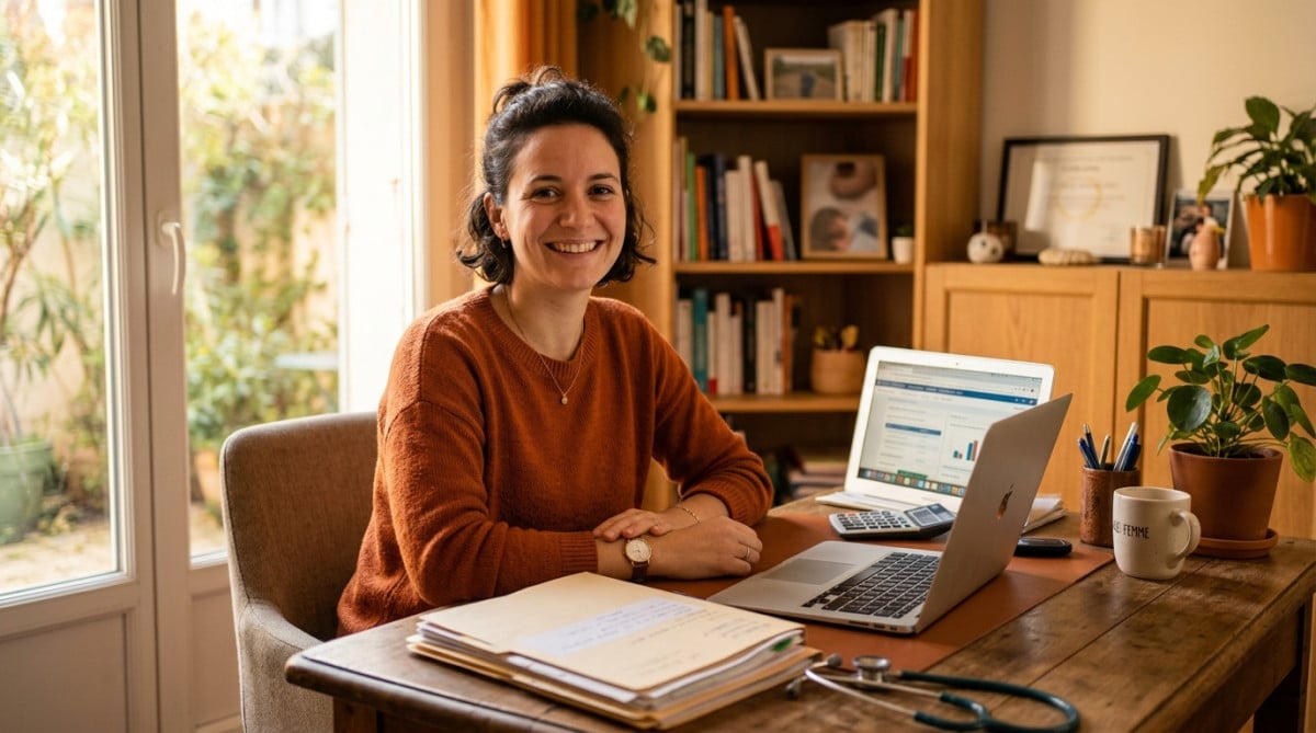Sage-femme libérale souriante dans son bureau à domicile