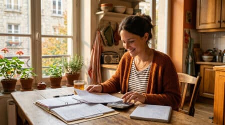 Sage-femme souriante consultant son budget à la maison