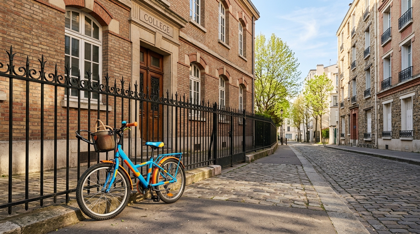 Vélo neuf garé devant un collège français