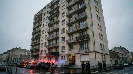 Immeuble d'habitation avec véhicules de secours au pied
