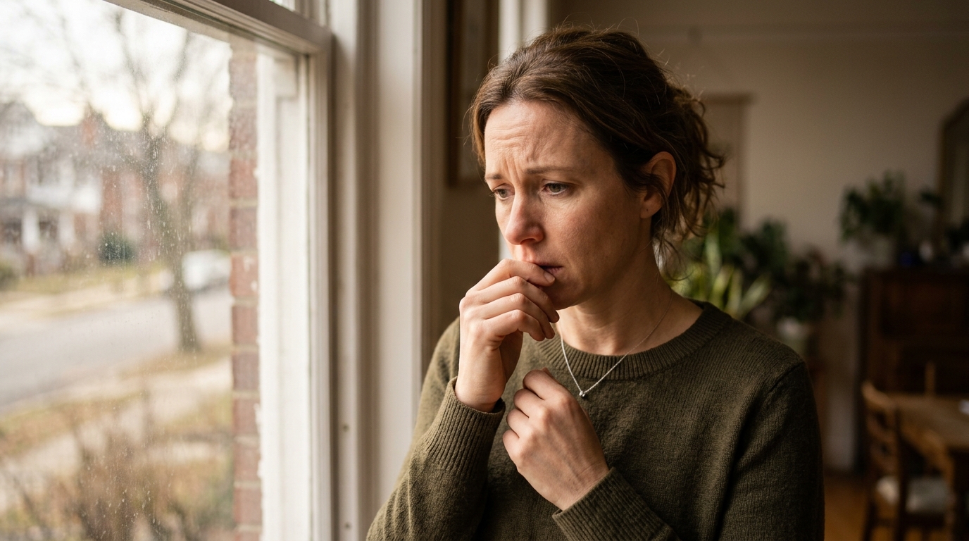 Femme au visage bouleversé regardant par une fenêtre