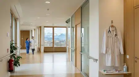 Couloir d'hôpital suisse avec blouse et stéthoscope