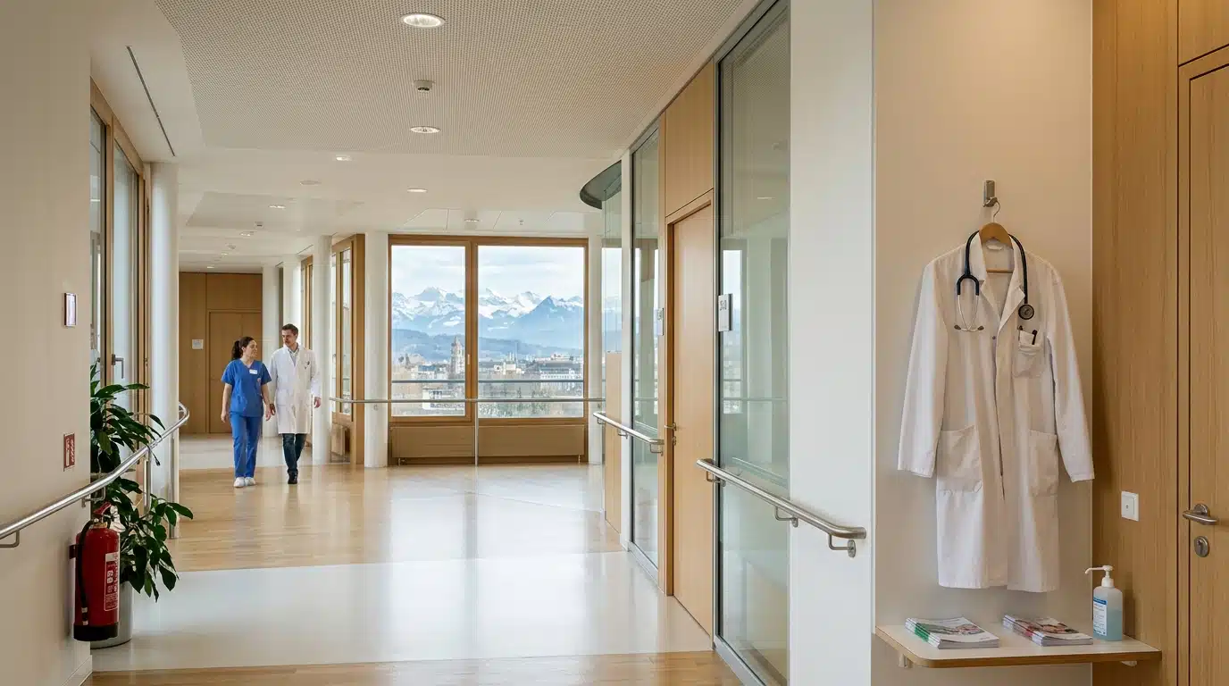 Couloir d'hôpital suisse avec blouse et stéthoscope