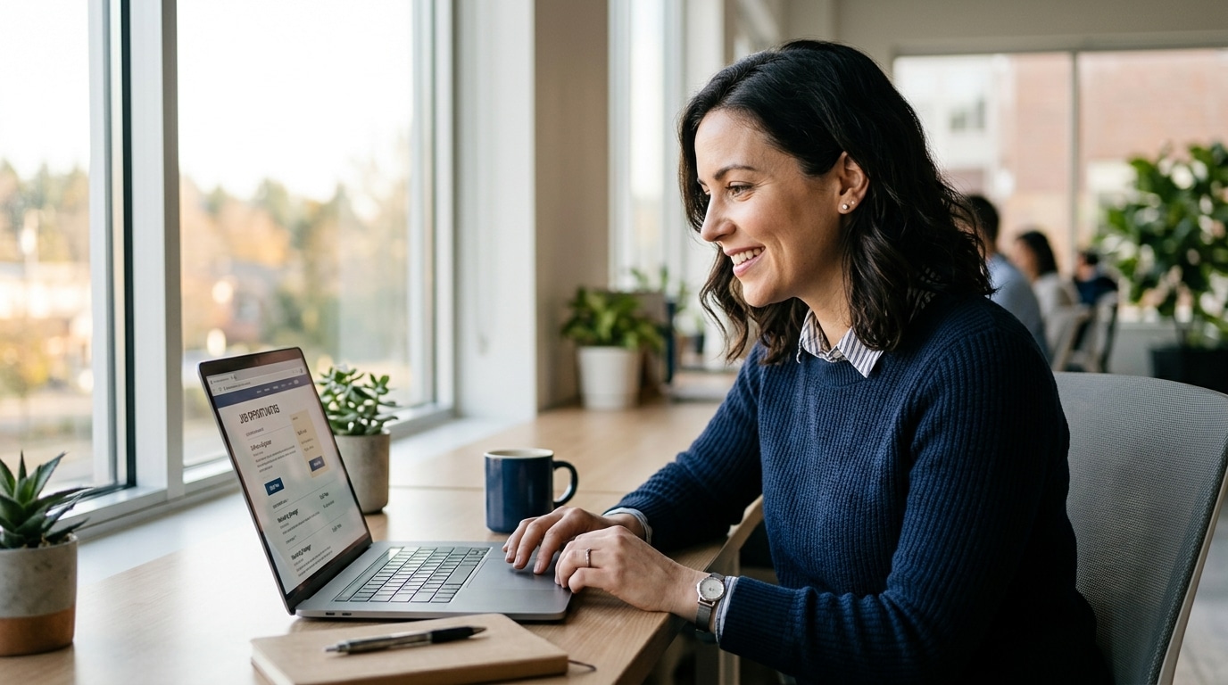 Personne souriante consultant des offres d'emploi sur ordinateur