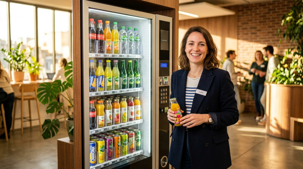 Salarié devant un distributeur de sodas au bureau