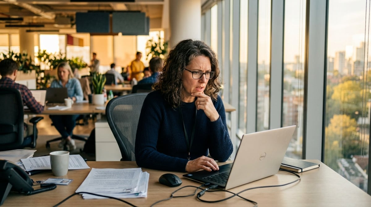 Salarié inquiet lisant un email de son employeur au bureau