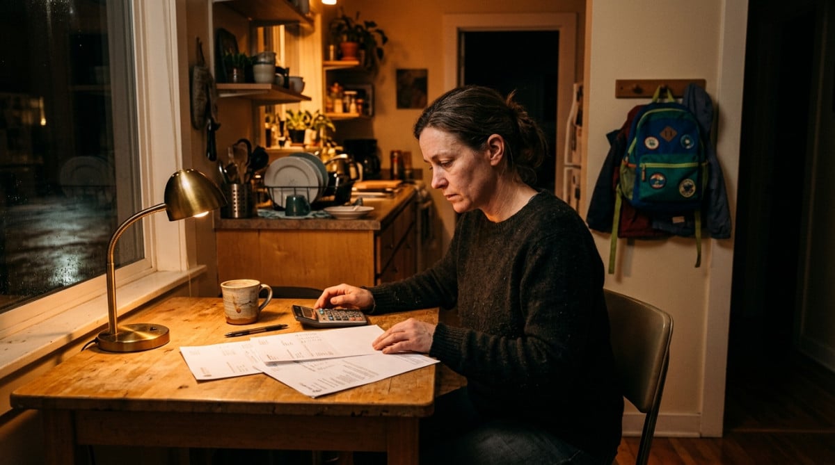 Sandra vérifie ses factures le soir en cuisine
