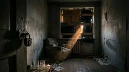 Fenêtre occultée par des planches dans un appartement sombre