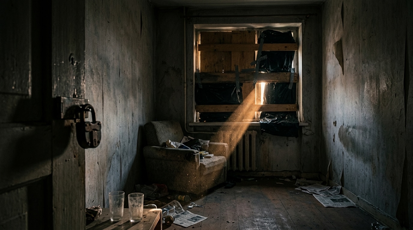Fenêtre occultée par des planches dans un appartement sombre