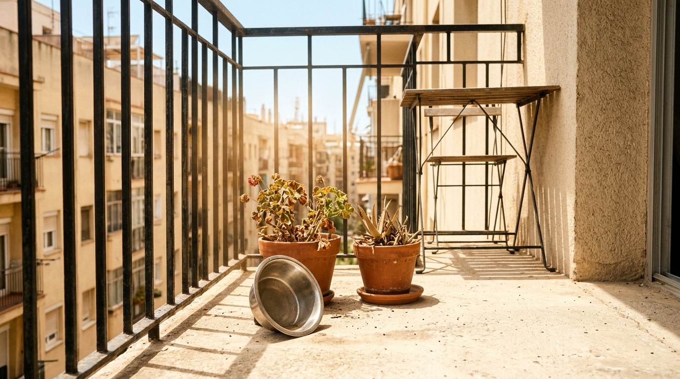 Balcon vide avec gamelle d'eau renversée sous forte chaleur