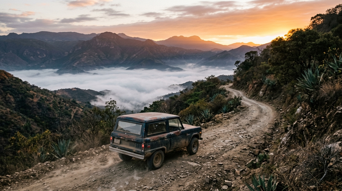Voiture roulant sur une route de montagne à l'aube