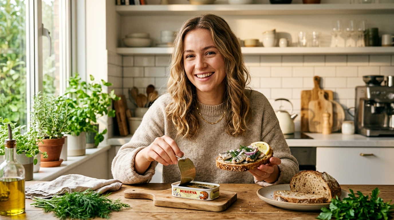 Femme souriante préparant une tartine de sardines au petit-déjeuner