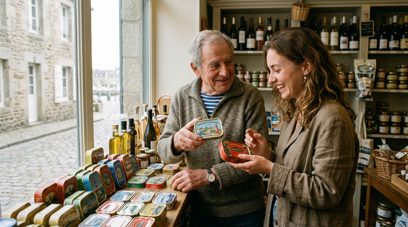 Client examinant des boîtes de sardines dans une épicerie bretonne
