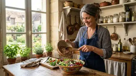 Femme préparant une salade de sarrasin et légumes frais