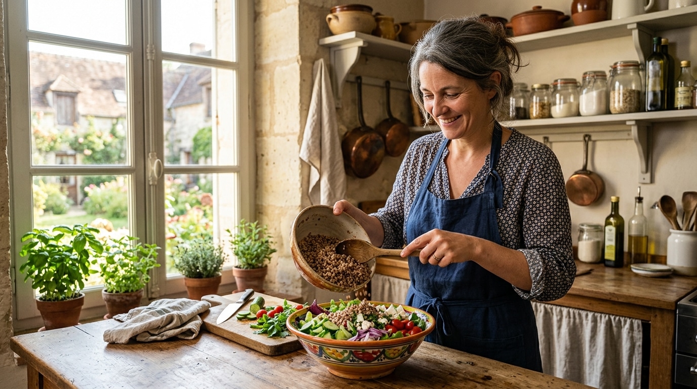 Femme préparant une salade de sarrasin et légumes frais