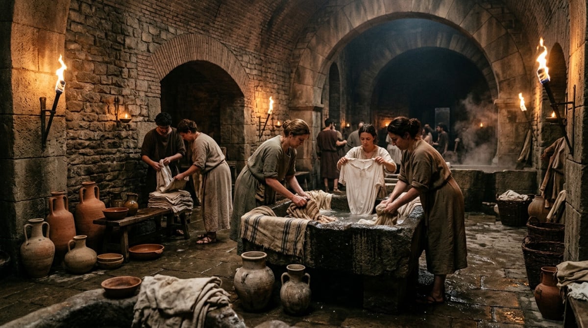 Scène antique romaine de lavage de tissus dans des bassins