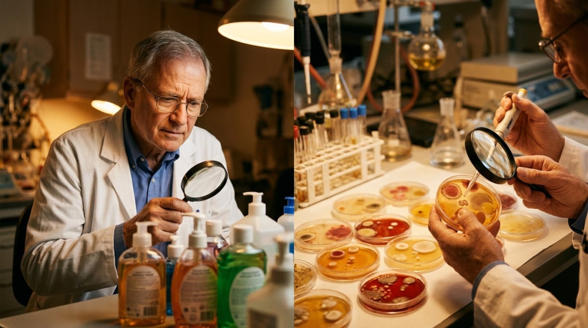 Scientifique analysant des flacons de savon en laboratoire