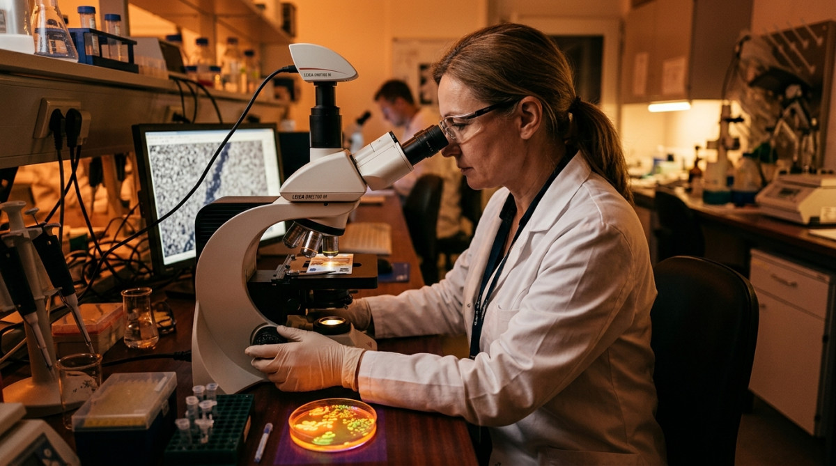 Scientifique analysant un billet de banque au microscope