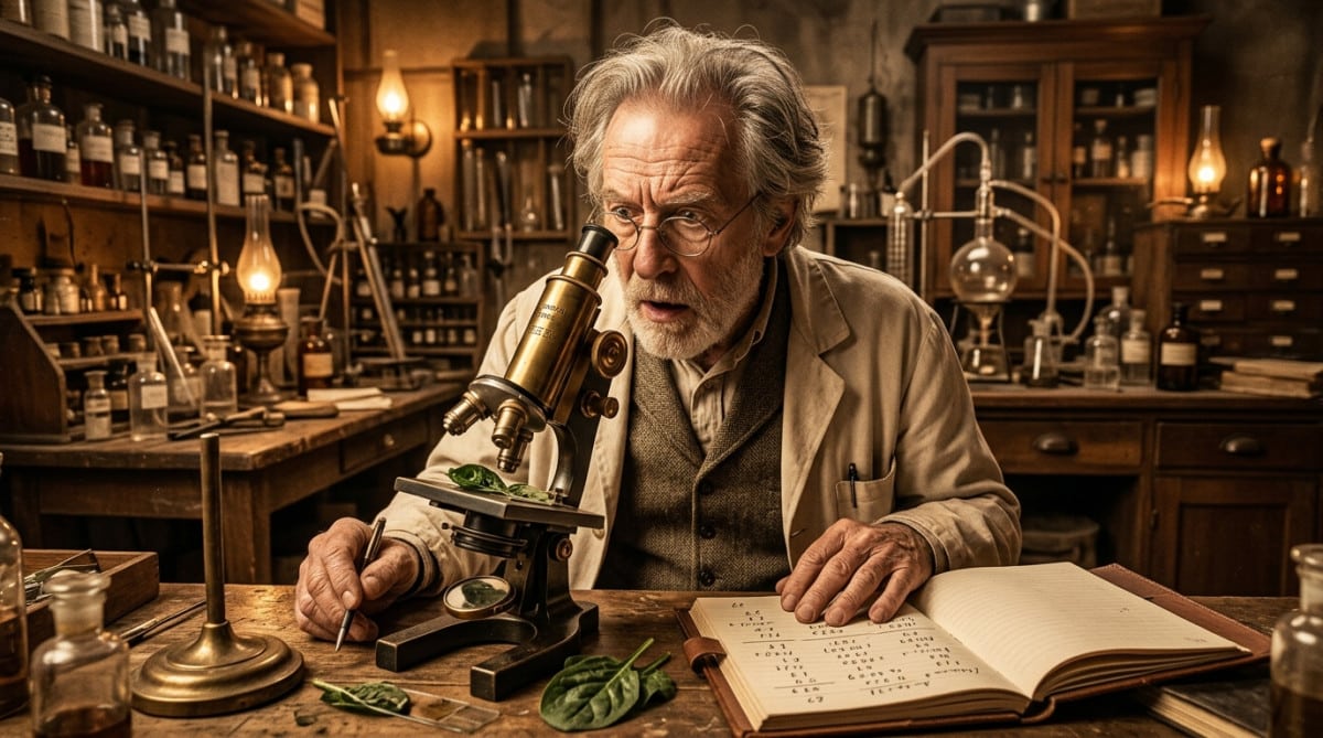 Scientifique examinant des épinards au microscope vintage