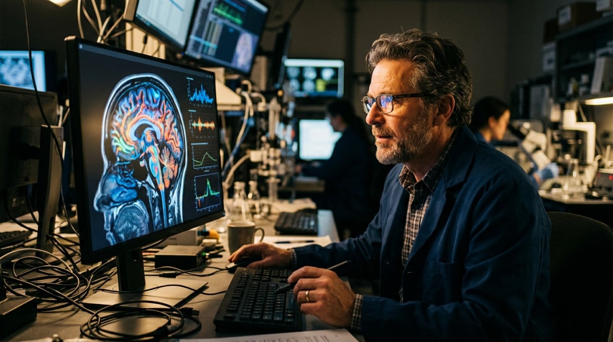 Scientifique observant un scanner cérébral lumineux