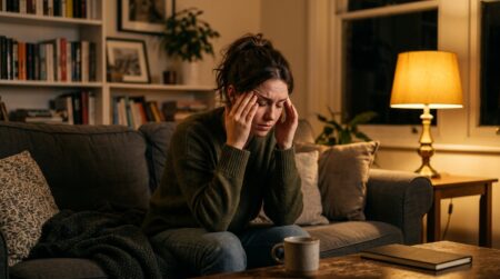 Femme fatiguée assise seule sur un canapé