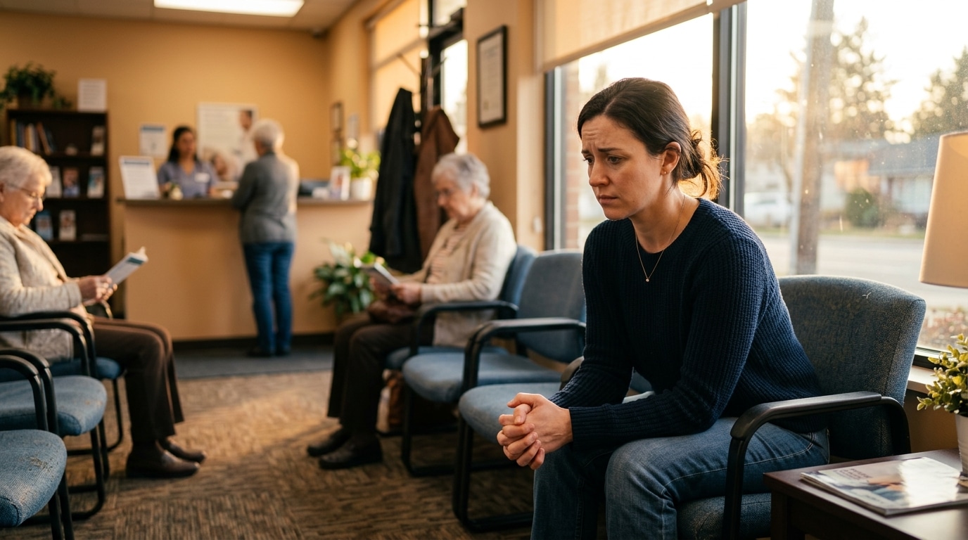 Patiente anxieuse dans une salle d'attente médicale