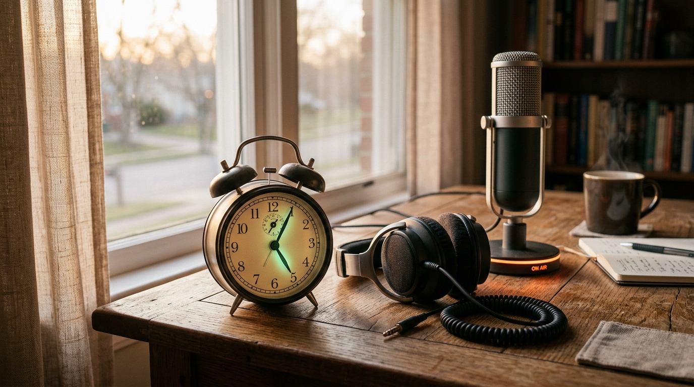 Réveil et casque audio sur un bureau au matin