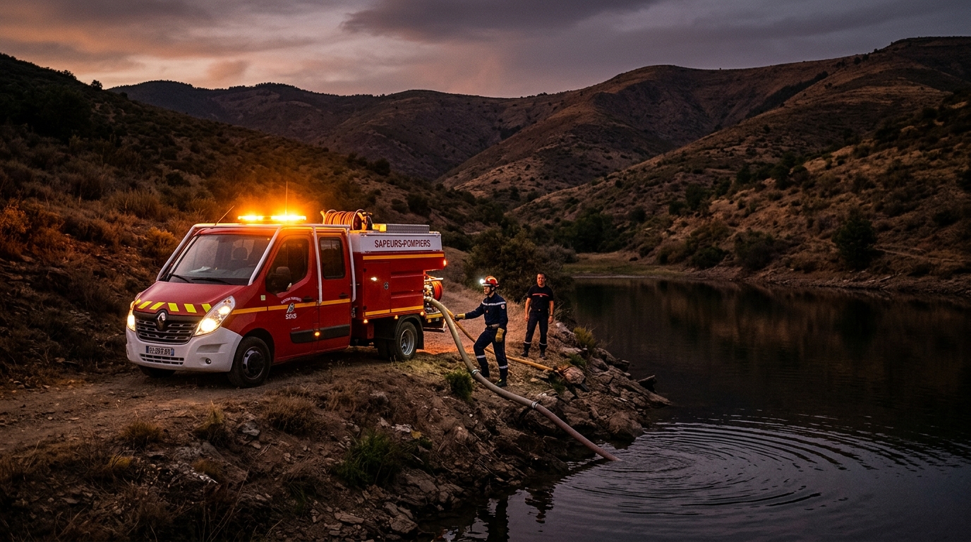 Camion de pompiers puisant l'eau d'une réserve