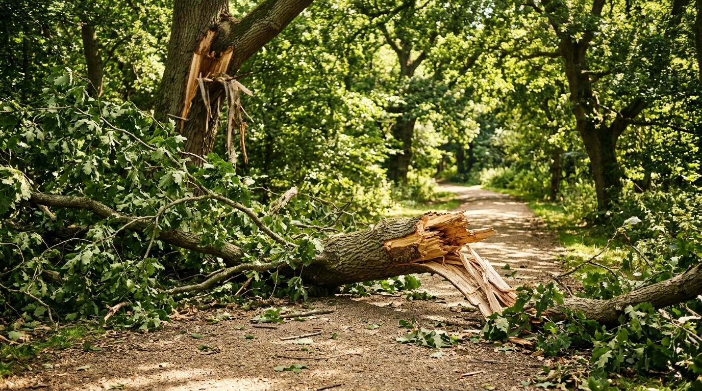 Branche d'arbre cassée au sol dans un parc ensoleillé