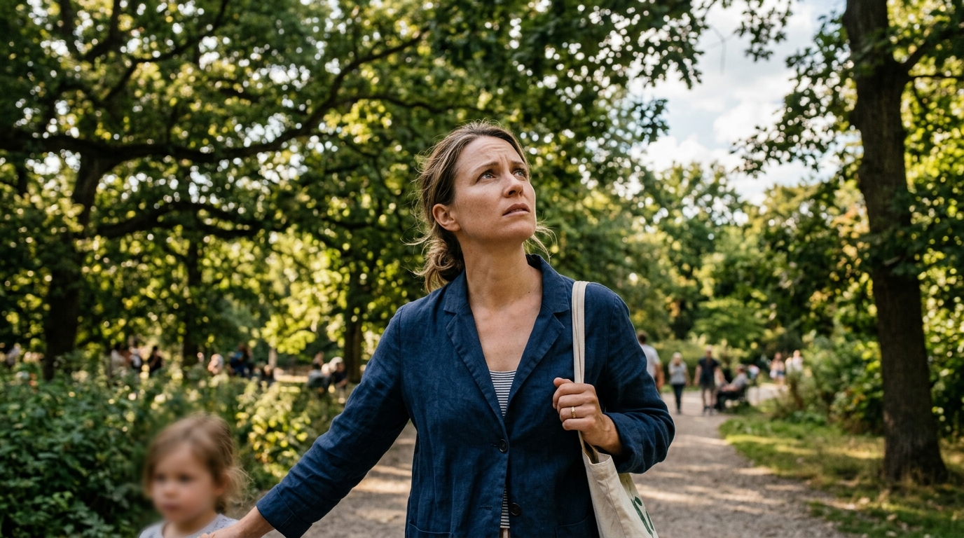 Femme inquiète regardant les branches d'arbres en hauteur