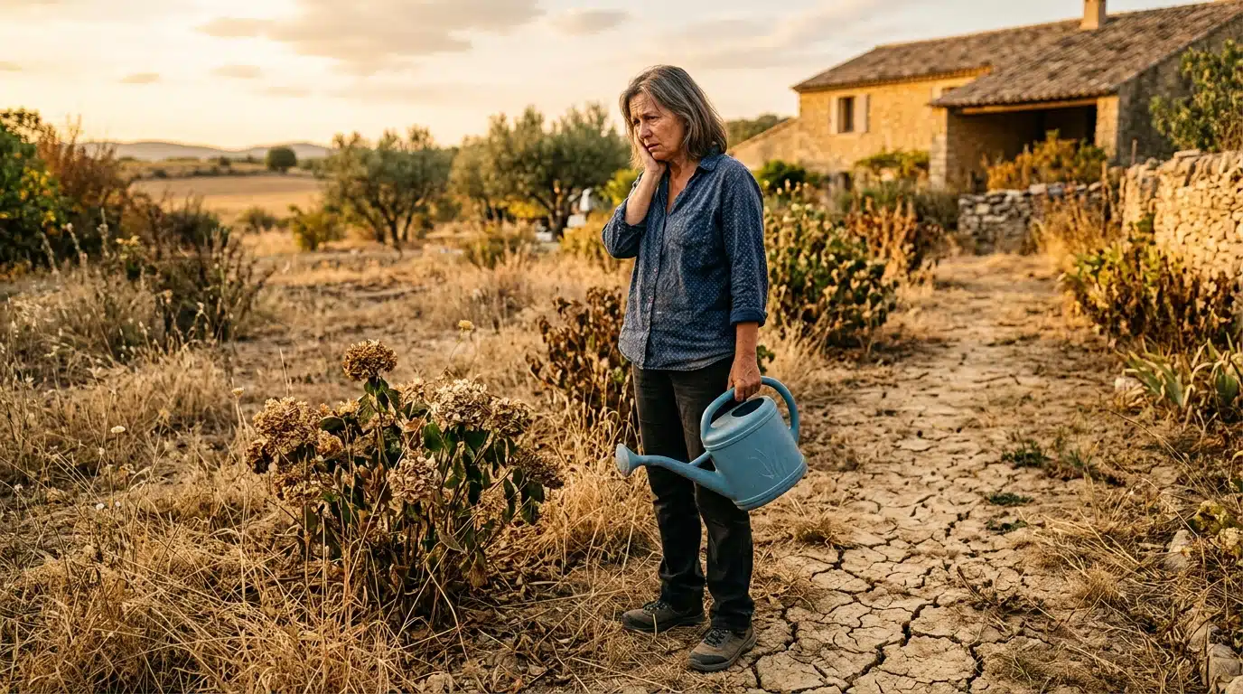 Jardin desséché en période de sécheresse et restrictions d'eau
