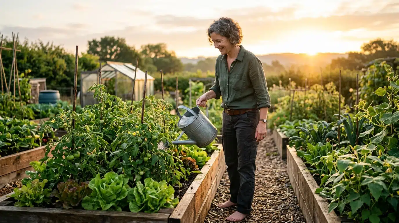 Femme arrosant son potager tôt le matin à l'arrosoir