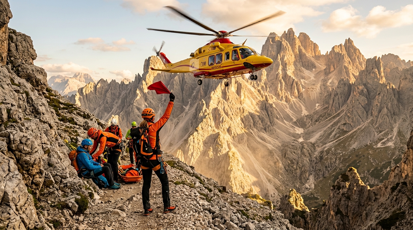 Hélicoptère de secours survolant un sentier de montagne
