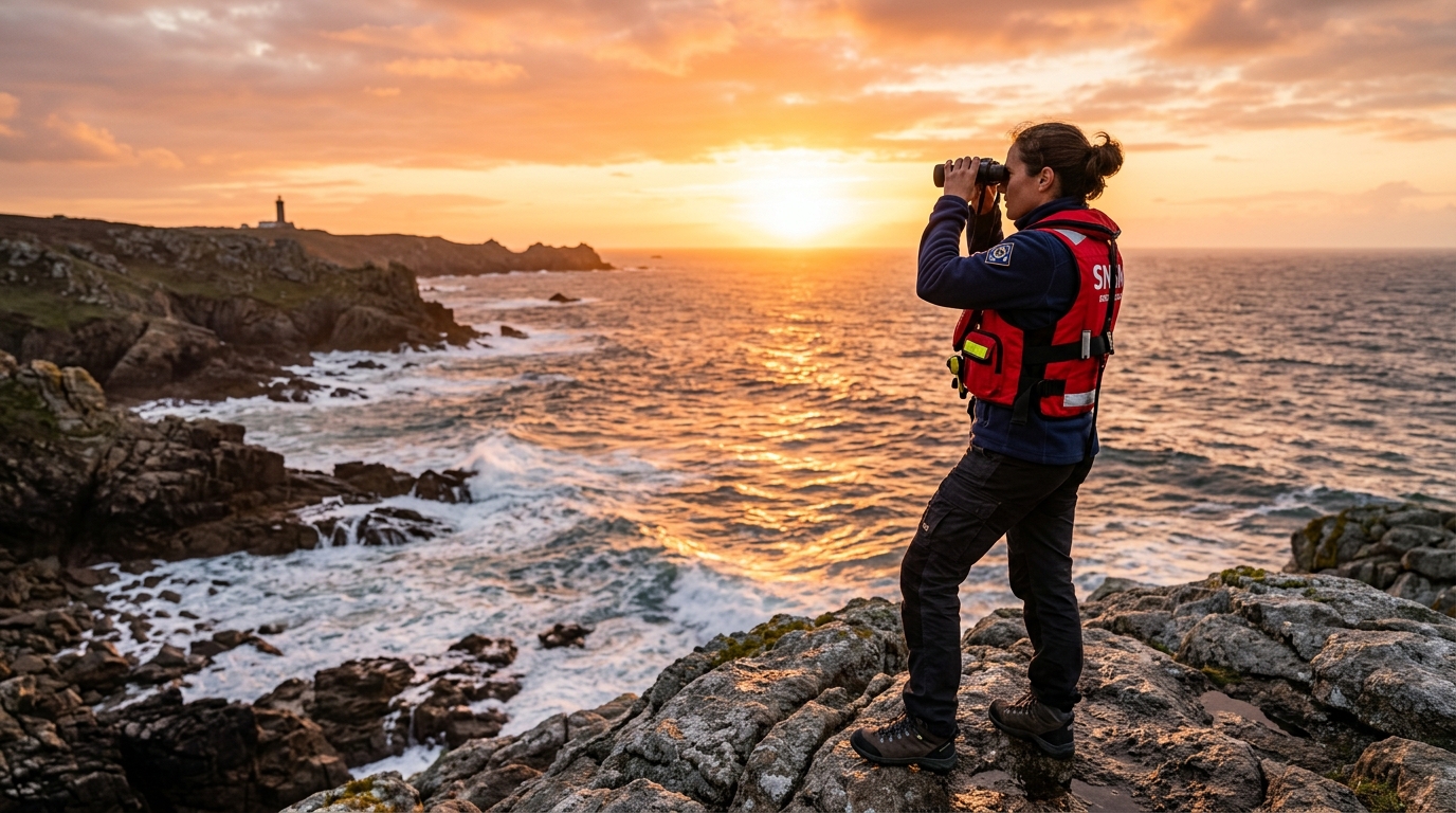 Sauveteur en mer scrutant l'horizon depuis la côte