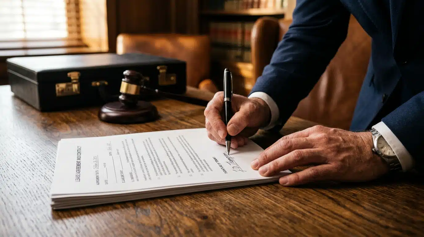 Signature de documents légaux sur un bureau en bois