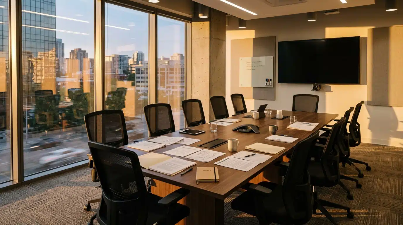 Bureau moderne avec documents laissés sur la table de réunion