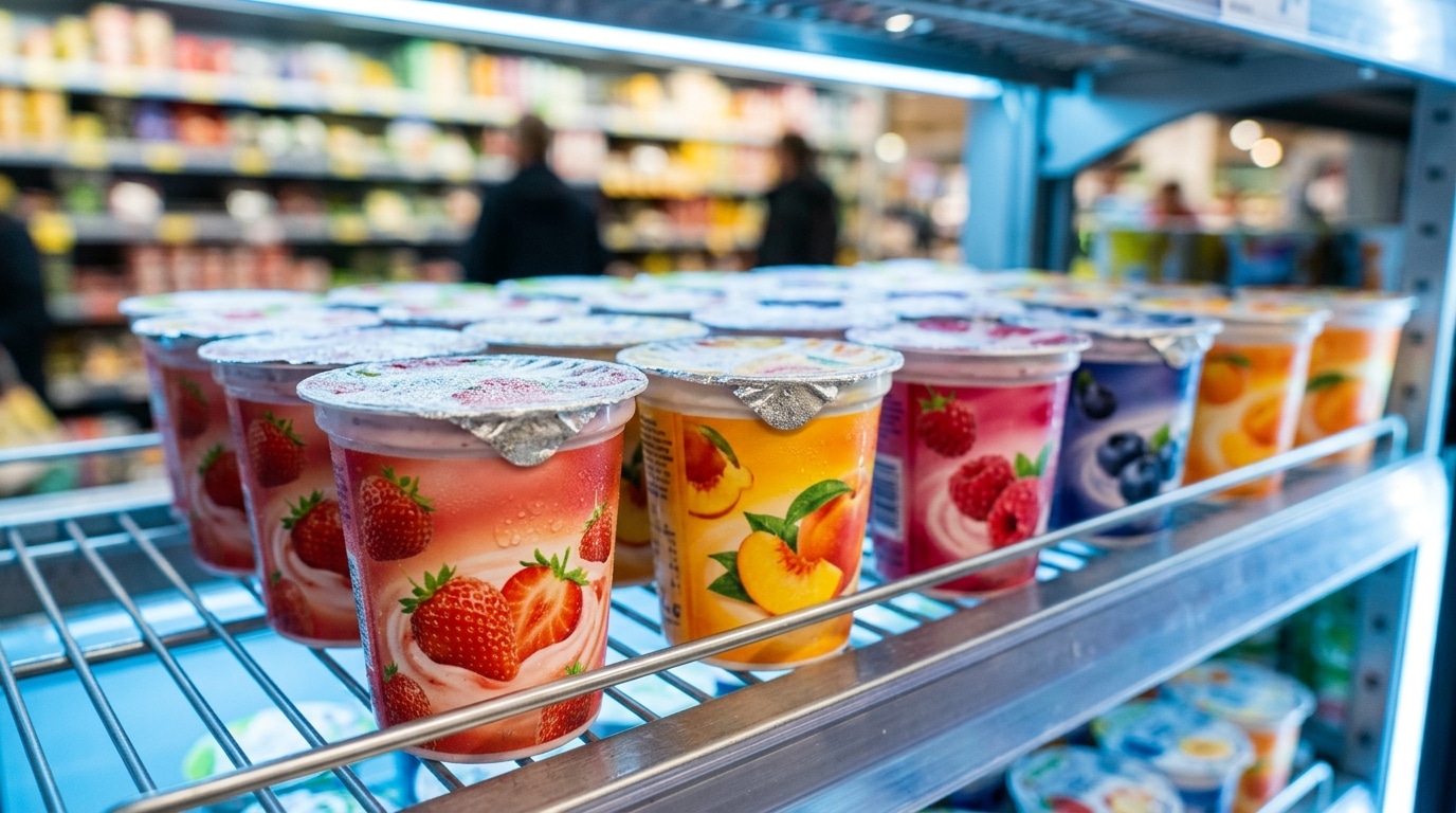 Pots de yaourts aux fruits colorés sur étagère réfrigérée