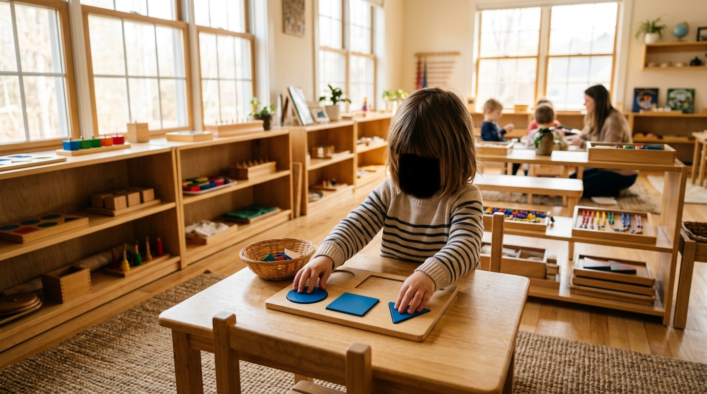 Salle de classe Montessori avec matériel pédagogique en bois
