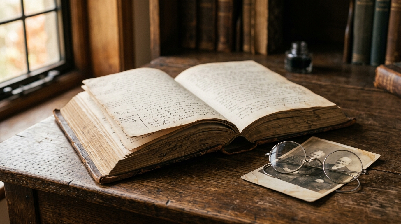 Livre ancien ouvert avec lunettes et photo sépia