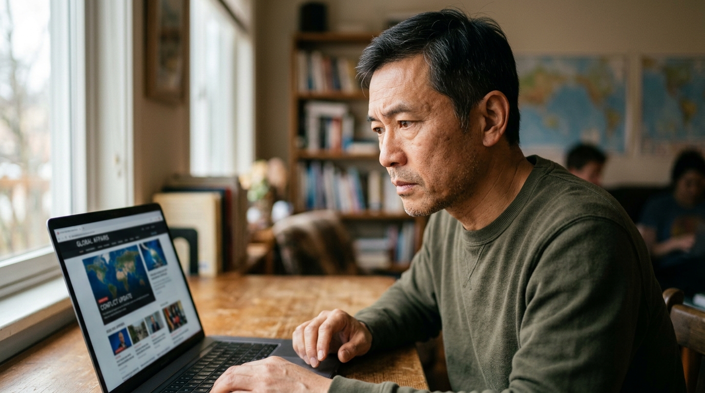 Homme concentré devant un écran d'actualités internationales